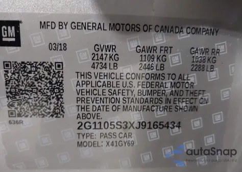 2018 Chevrolet Impala 1Lt z USA, uszkodzony, nr VIN 2G1105S3XJ9165434